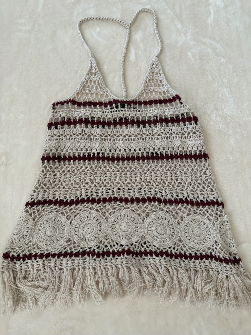 Full Tilt Crochet Fringe Halter Tank Top - Cream with Burgundy Stripes